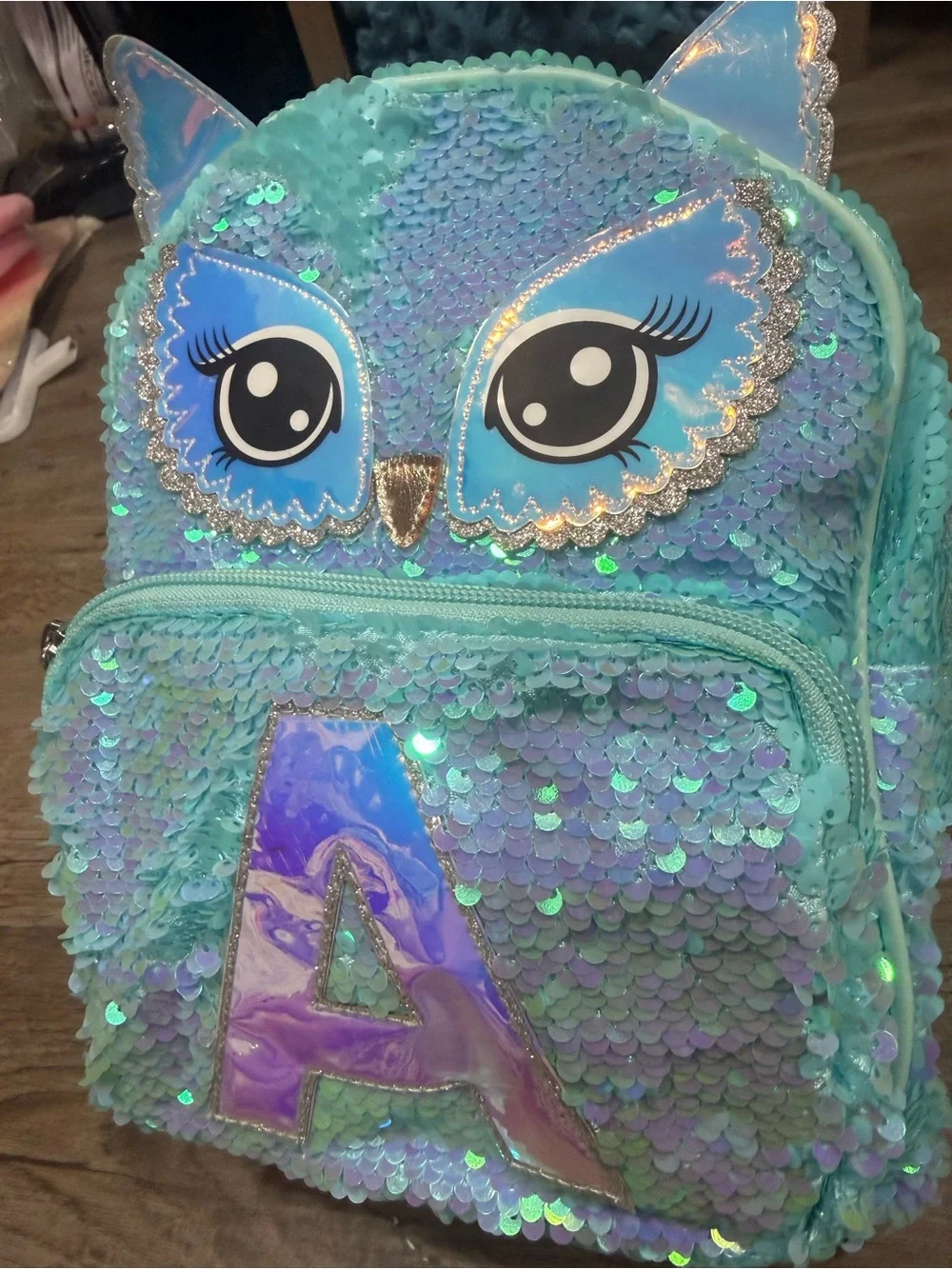 A initial Justice Aqua Blue Sequin Owl Mini Backpack 10”x8”x2.5”